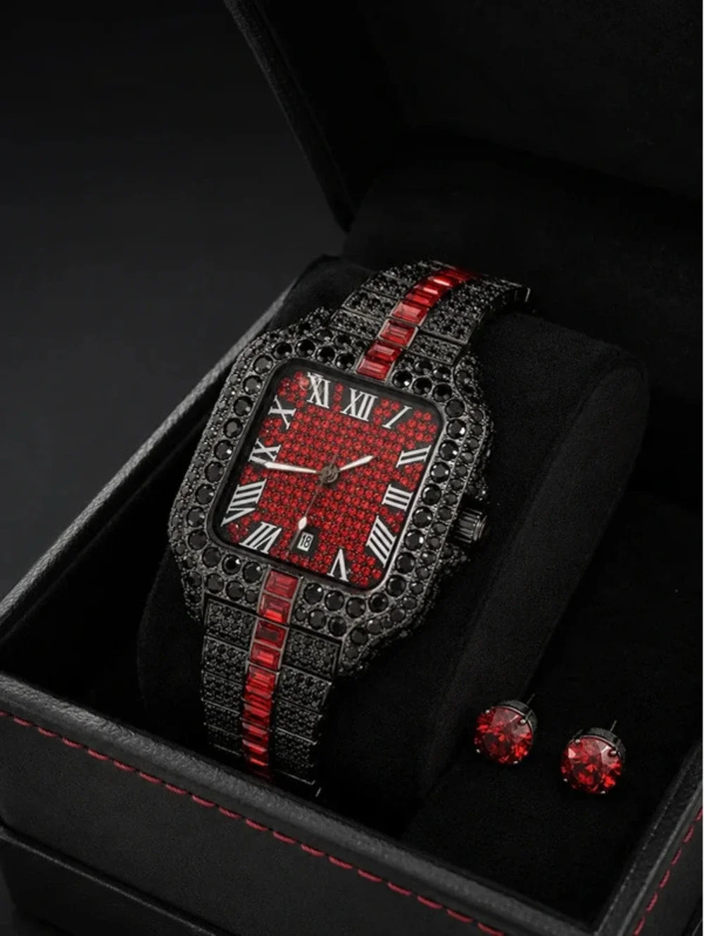 #665  AJ 42mm Red & Black Iced-Out Watch with 9mm Earrings
